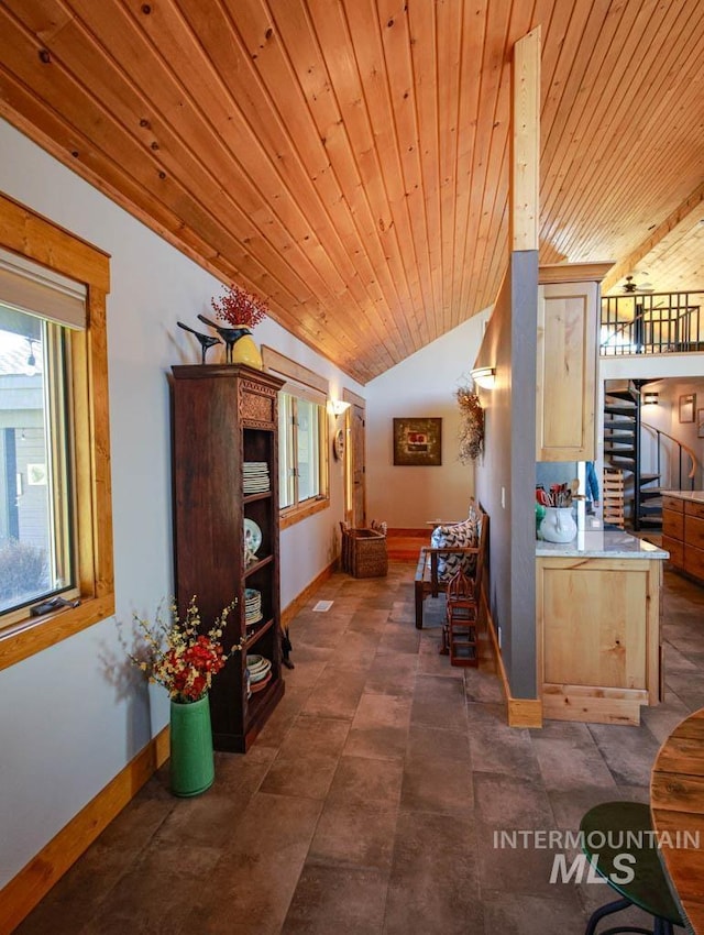 986 Valley Rim Rd, Mccall, ID 83638 - interior space featuring healthy amount of natural light, wooden ceiling, baseboards, stairway, and vaulted ceiling