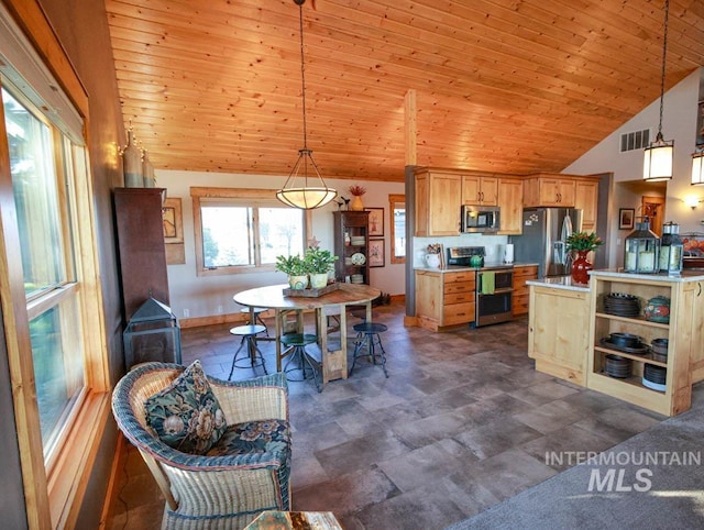 986 Valley Rim Rd, Mccall, ID 83638 - kitchen with appliances with stainless steel finishes, vaulted ceiling, wooden ceiling, decorative light fixtures, and baseboards