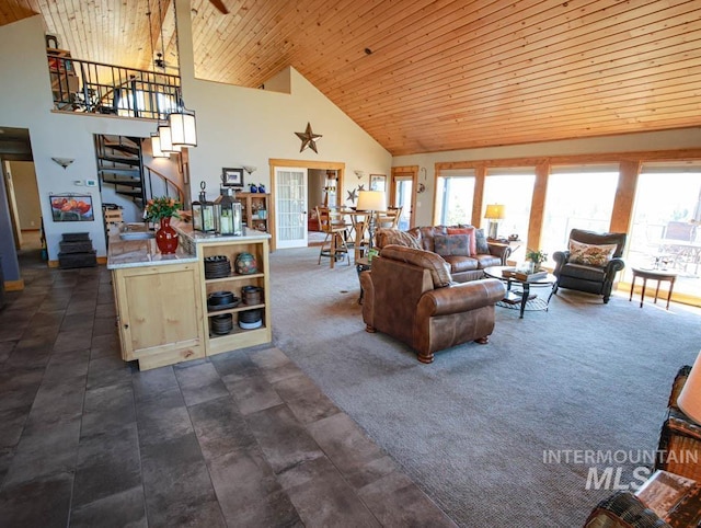 986 Valley Rim Rd, Mccall, ID 83638 - living area with wood ceiling, stairs, high vaulted ceiling, and french doors