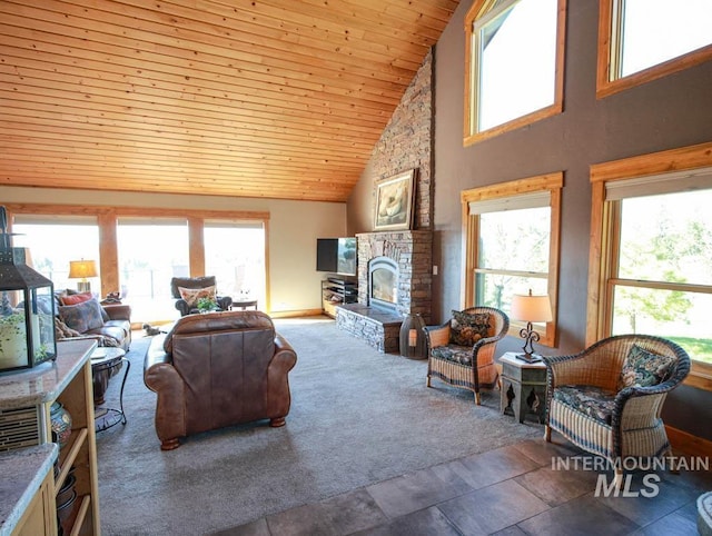 986 Valley Rim Rd, Mccall, ID 83638 - living room featuring high vaulted ceiling, healthy amount of natural light, wood ceiling, and a stone fireplace