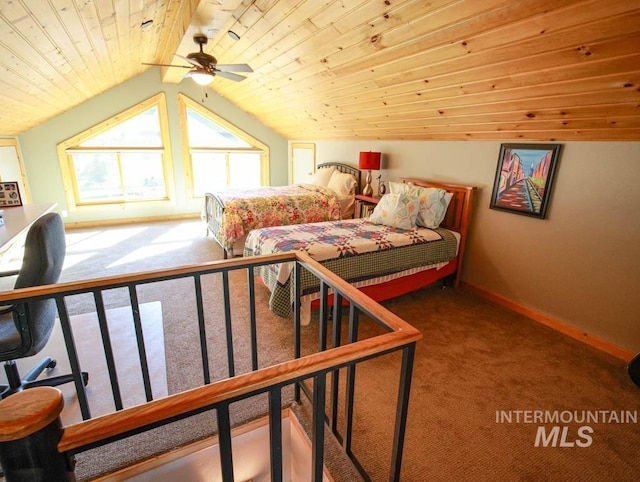 986 Valley Rim Rd, Mccall, ID 83638 - carpeted bedroom featuring wooden ceiling, baseboards, vaulted ceiling, and an office area