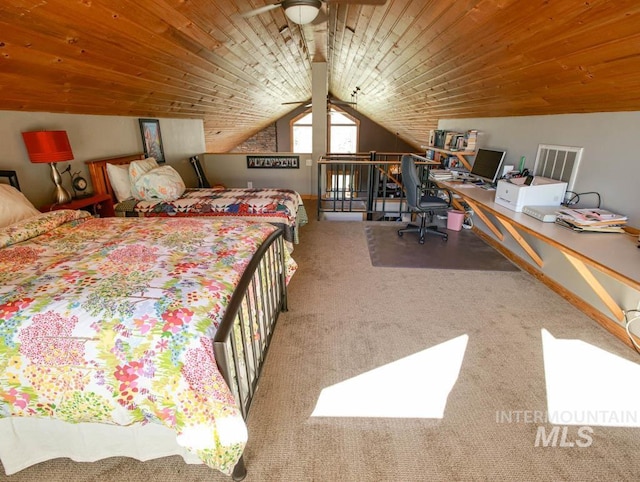 986 Valley Rim Rd, Mccall, ID 83638 - carpeted bedroom featuring a desk, vaulted ceiling, and wooden ceiling