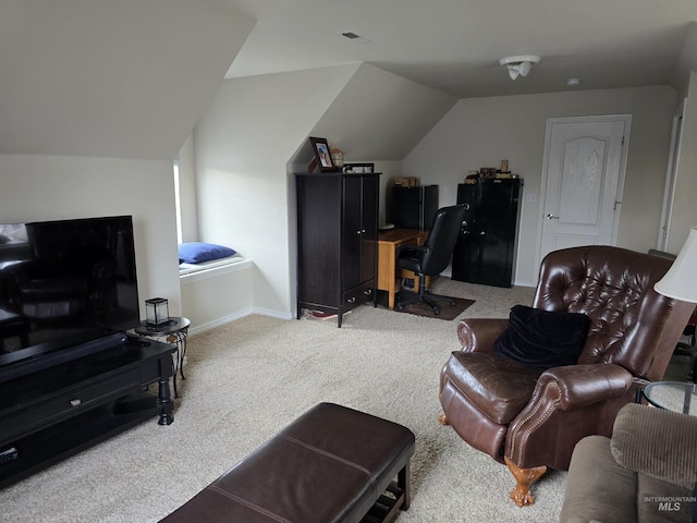 living room with vaulted ceiling, carpet, visible vents, and baseboards