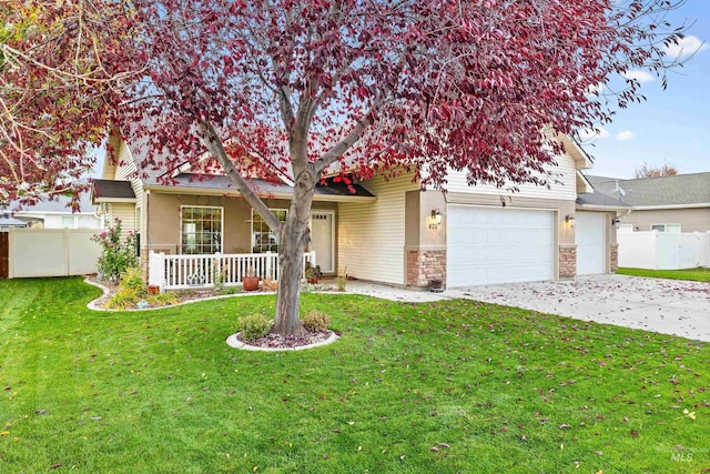 obstructed view of property with a garage, driveway, stone siding, a porch, and stucco siding