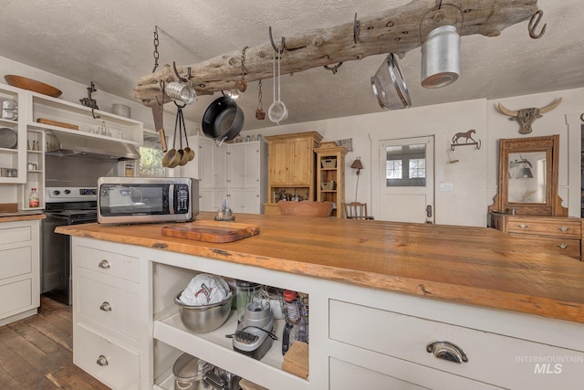 1507 Scheloske Rd, Weiser, ID 83672 - kitchen featuring appliances with stainless steel finishes, butcher block counters, exhaust hood, open shelves, and dark wood-style floors