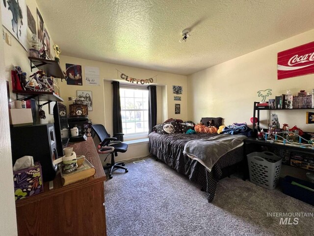 carpeted bedroom with a textured ceiling