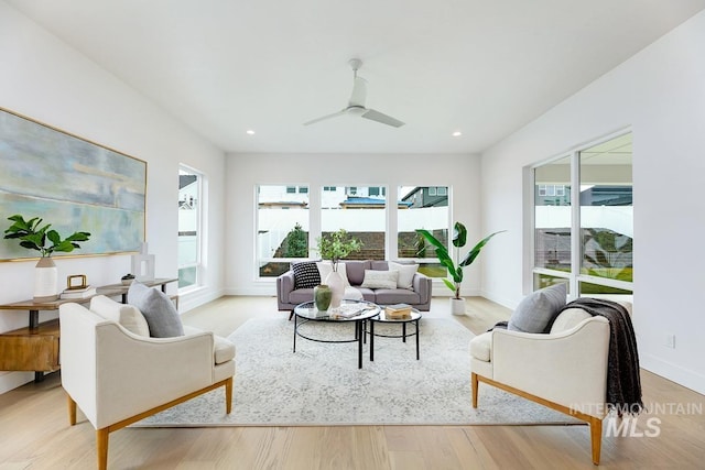 living room featuring ceiling fan and light wood-type flooring