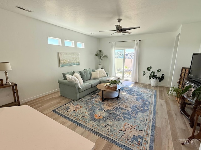 living area with light wood finished floors, baseboards, visible vents, a ceiling fan, and a textured ceiling