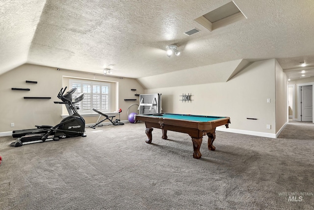 6114 N Cape Arago Pl, Boise, ID 83714 - rec room featuring a textured ceiling, lofted ceiling, billiards, baseboards, and carpet floors