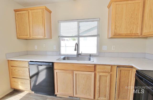 kitchen featuring a sink, black appliances, and light brown cabinets