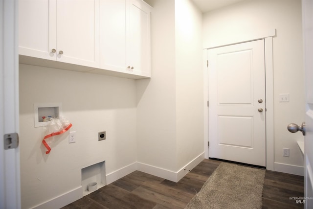 washroom featuring dark hardwood / wood-style floors, washer hookup, cabinets, and electric dryer hookup