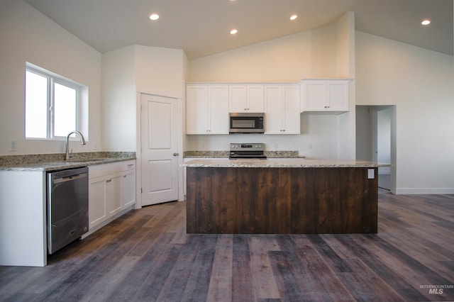 kitchen featuring white cabinets, stainless steel appliances, light stone countertops, dark wood-type flooring, and a center island