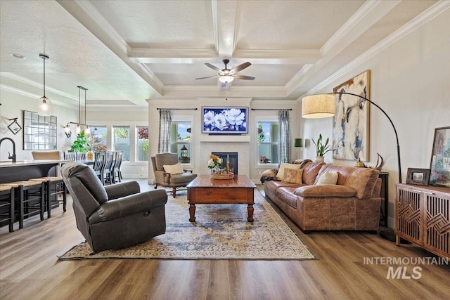 2033 E Whitetail St, Kuna, ID 83634 - living room with a ceiling fan, wood finished floors, a glass covered fireplace, crown molding, and coffered ceiling
