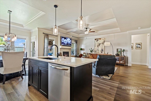 2033 E Whitetail St, Kuna, ID 83634 - kitchen featuring dishwasher, a sink, a lit fireplace, dark wood-style floors, and a ceiling fan
