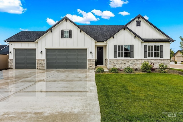 18293 N Begonia Way, Nampa, ID 83687 - modern farmhouse style home featuring board and batten siding, a shingled roof, and stone siding