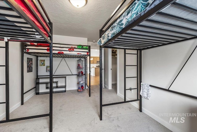 finished basement featuring baseboards, carpet flooring, and a textured ceiling