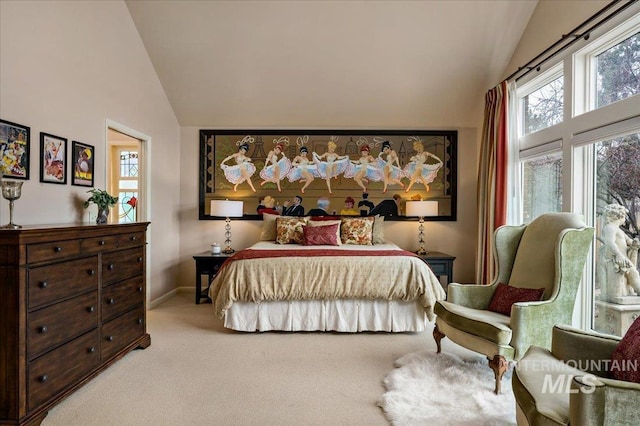 bedroom featuring multiple windows, light colored carpet, baseboards, and high vaulted ceiling