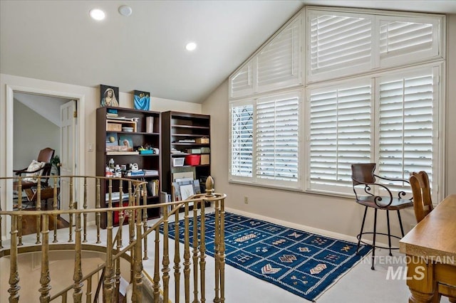 home office with recessed lighting, baseboards, and lofted ceiling