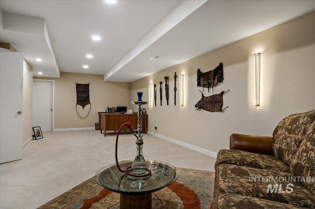 living area featuring recessed lighting, baseboards, light carpet, and visible vents