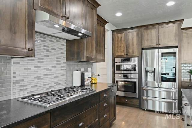 5988 N Lichfield Ave, Meridian, ID 83646 - kitchen with dark brown cabinetry, dark countertops, under cabinet range hood, tasteful backsplash, and stainless steel appliances