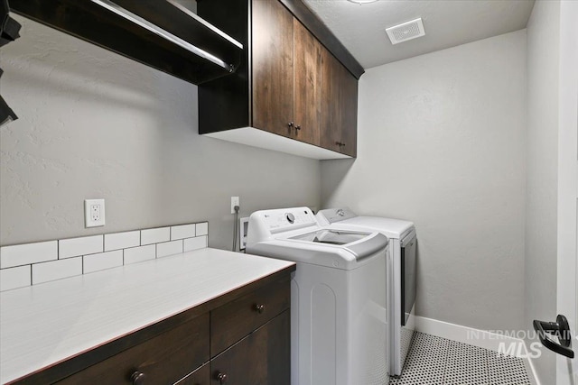 5988 N Lichfield Ave, Meridian, ID 83646 - laundry room with cabinet space, baseboards, visible vents, and washer and clothes dryer