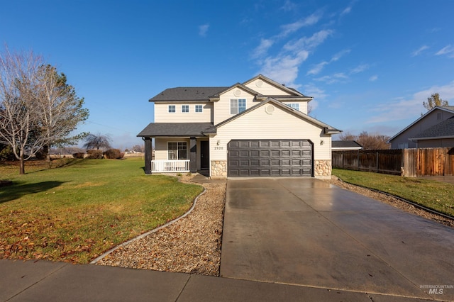 front facade with a garage and a front lawn