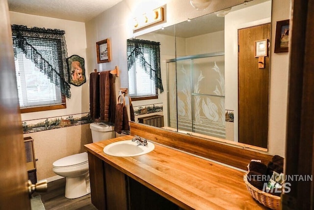 bathroom with vanity, toilet, a healthy amount of sunlight, and a shower stall