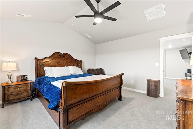 carpeted bedroom featuring a ceiling fan, lofted ceiling, baseboards, and visible vents