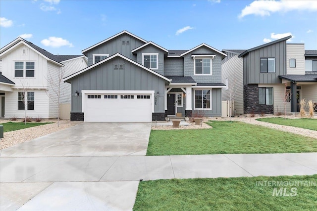 craftsman-style home with a front lawn, roof with shingles, board and batten siding, concrete driveway, and a garage