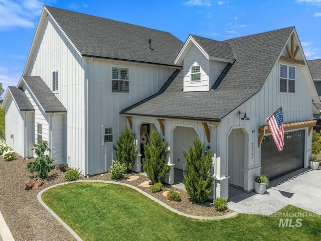 1305 N Big Star Pl, Eagle, ID 83616 - modern inspired farmhouse featuring roof with shingles, driveway, board and batten siding, a garage, and a front lawn