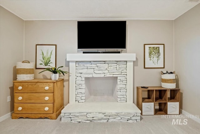 632 N Edgewood Ln, Eagle, ID 83616 - carpeted living area with a fireplace and crown molding