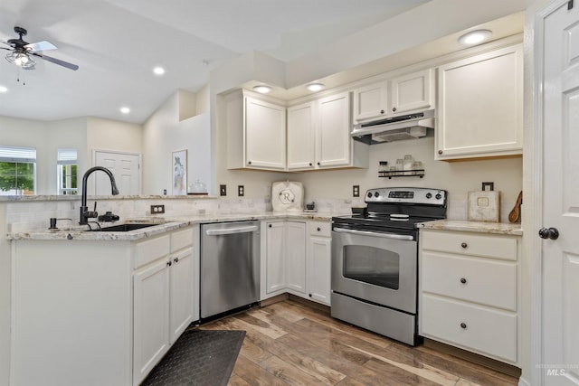 5609 Landsdown Ave, Caldwell, ID 83607 - kitchen with stainless steel appliances, under cabinet range hood, a sink, wood finished floors, and ceiling fan