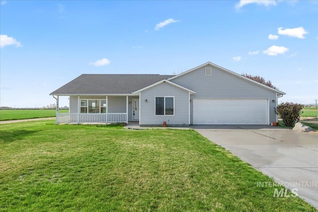 single story home with an attached garage, a front lawn, covered porch, and driveway