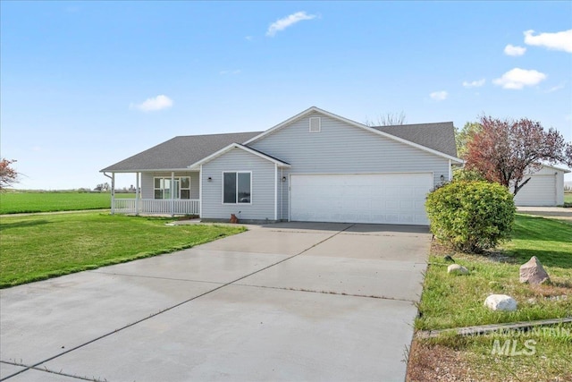 single story home with concrete driveway, an attached garage, a porch, and a front lawn