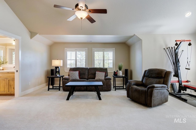 2581 N Tricia Way, Meridian, ID 83646 - living room with light carpet, a ceiling fan, and baseboards