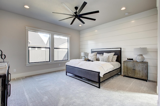 carpeted bedroom with baseboards, recessed lighting, and ceiling fan