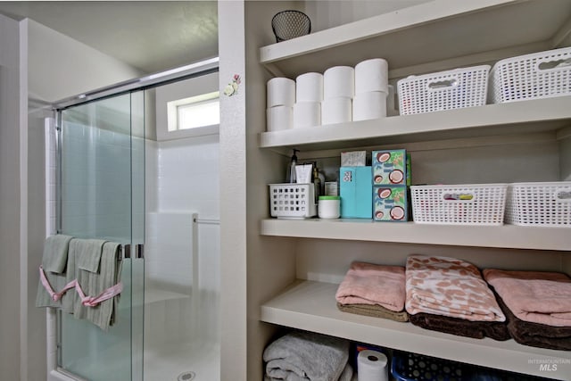 interior space with a shower with shower door