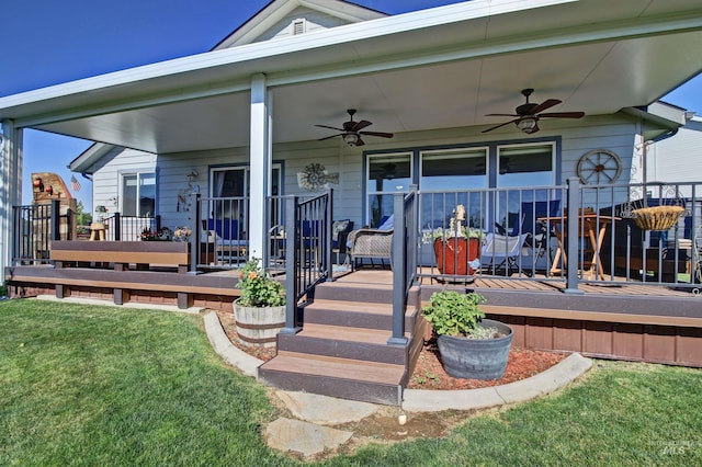 exterior space featuring a ceiling fan, a porch, and a lawn