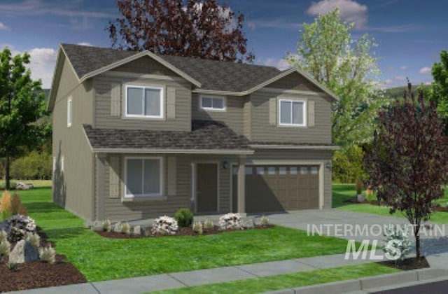 view of front facade with a garage, concrete driveway, and a front lawn