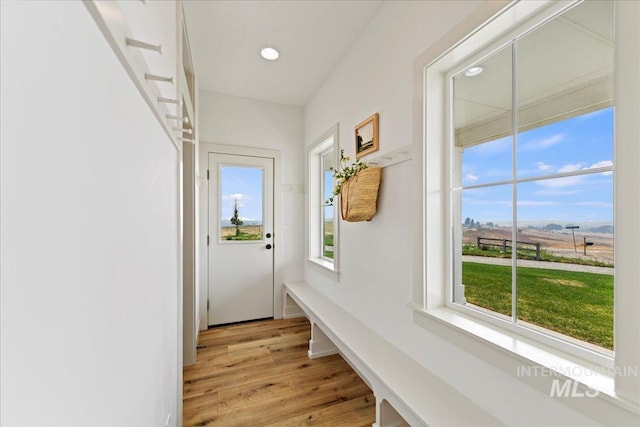 mudroom with recessed lighting, plenty of natural light, and light wood-style flooring