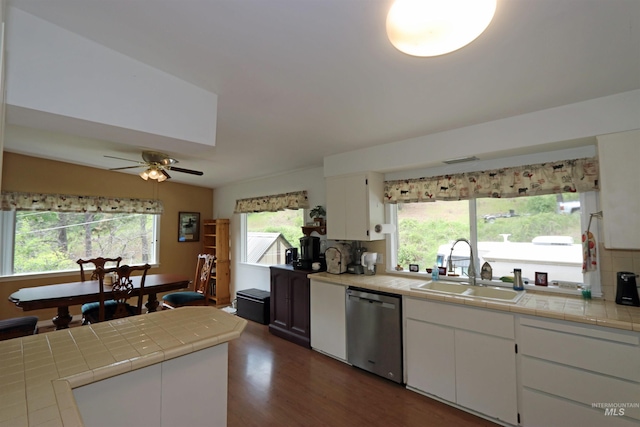 34 Locust Dr, Orofino, ID 83544 - kitchen featuring stainless steel dishwasher, tile countertops, a sink, dark wood finished floors, and healthy amount of natural light
