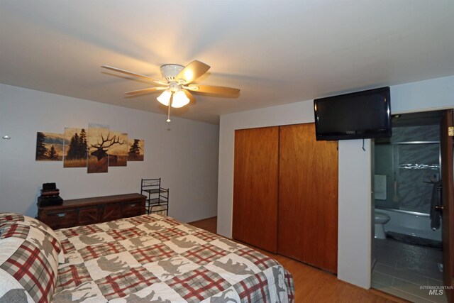 34 Locust Dr, Orofino, ID 83544 - bedroom featuring light wood-style floors, a closet, ensuite bathroom, and a ceiling fan