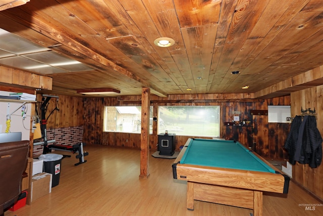 34 Locust Dr, Orofino, ID 83544 - playroom featuring wooden walls, wood ceiling, a wood stove, wood finished floors, and pool table