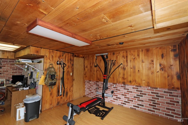 34 Locust Dr, Orofino, ID 83544 - workout area with wood ceiling, wood walls, and light wood-style flooring