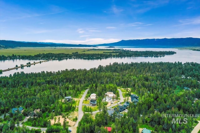 aerial view featuring a water and mountain view