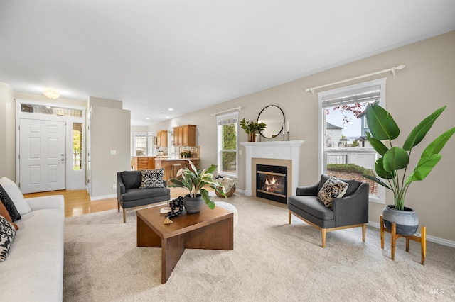 380 S Golden Eagle Ln, Eagle, ID 83616 - living room featuring a fireplace with flush hearth and light colored carpet