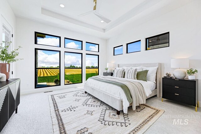 bedroom with multiple windows, light carpet, a raised ceiling, and ceiling fan