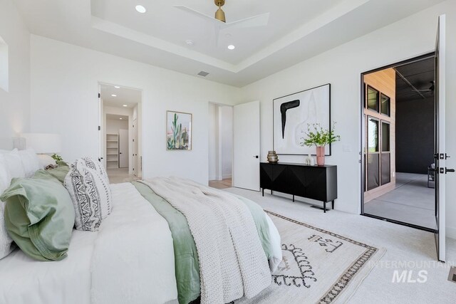 carpeted bedroom with a spacious closet, a closet, a raised ceiling, and ceiling fan