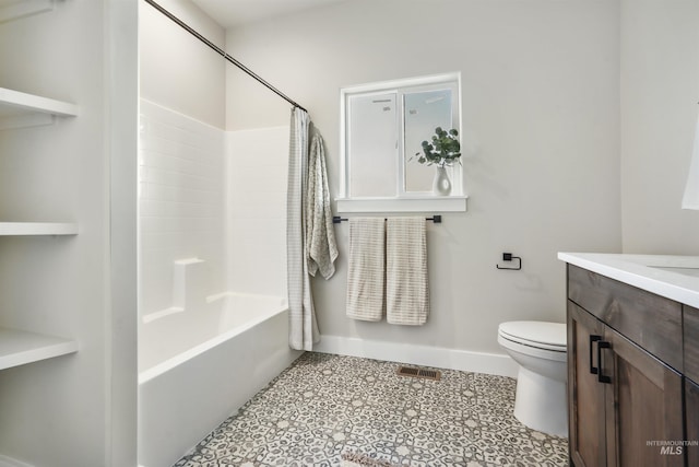 full bathroom with vanity, toilet, and shower / bathtub combination with curtain