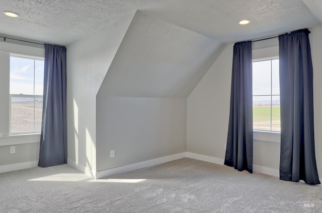 additional living space with a healthy amount of sunlight, a textured ceiling, and carpet